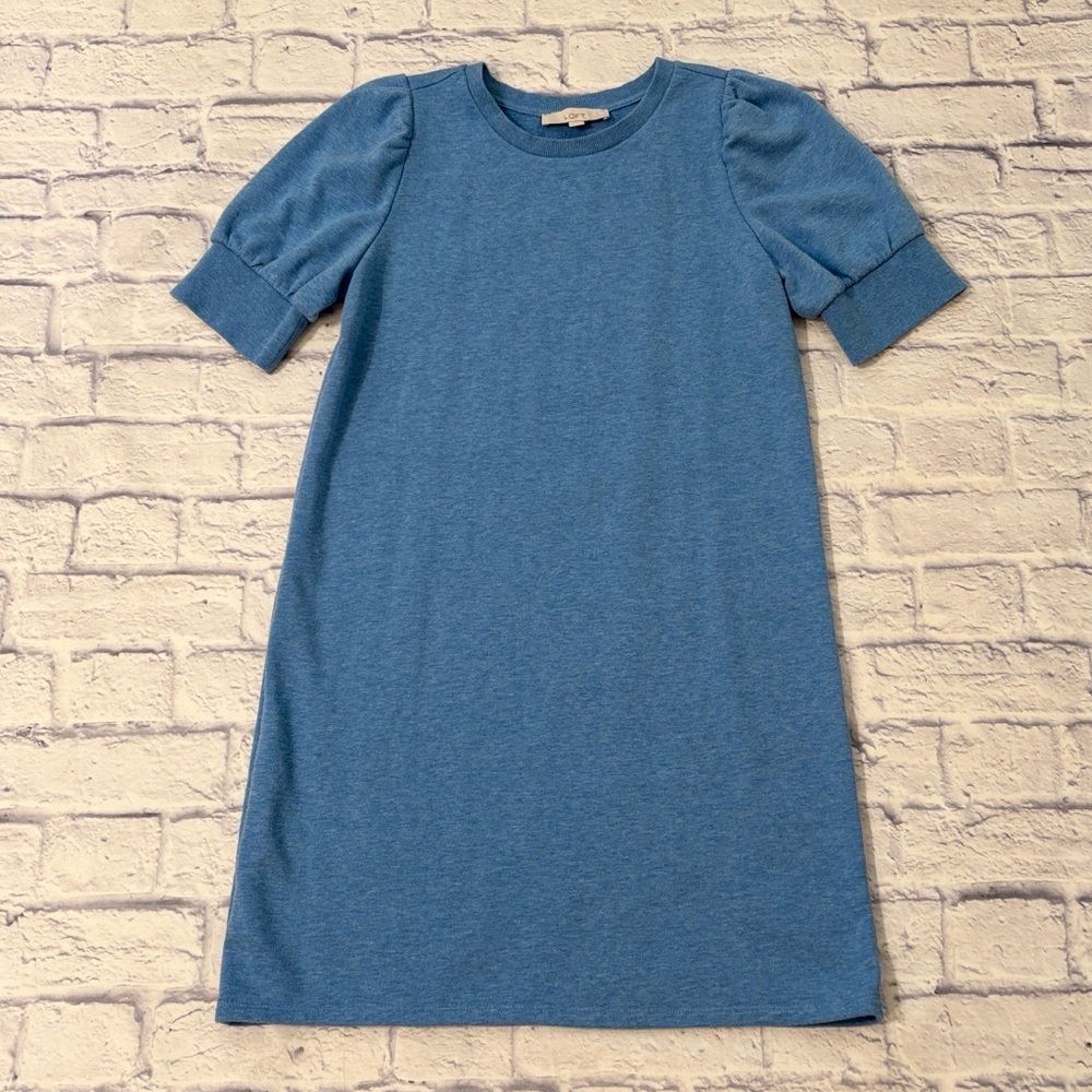 LOFT Puff Sleeve Tee Shirt Dress Blue Short Sleeve Soft Knit Size Medium